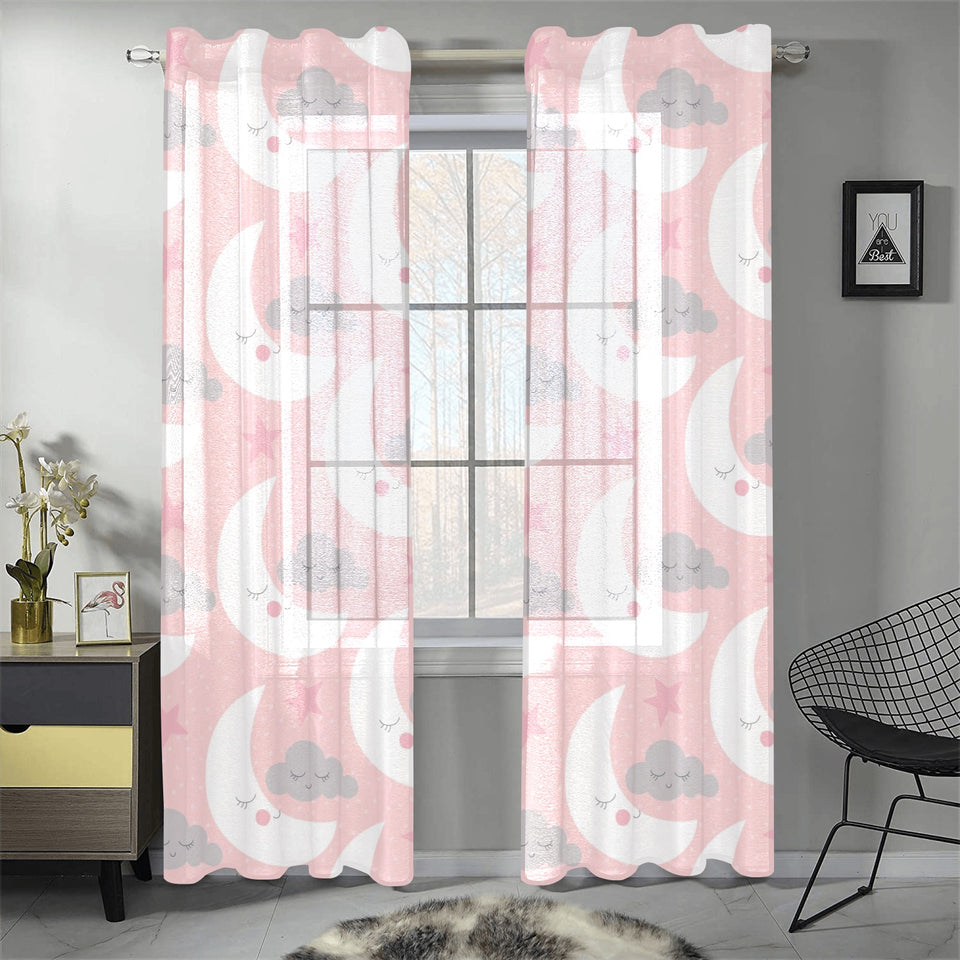 Cute moon cloud star pattern pink dot background Gauze Curtain