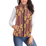 Hand drawn gold saxophone red background Women's Padded Vest