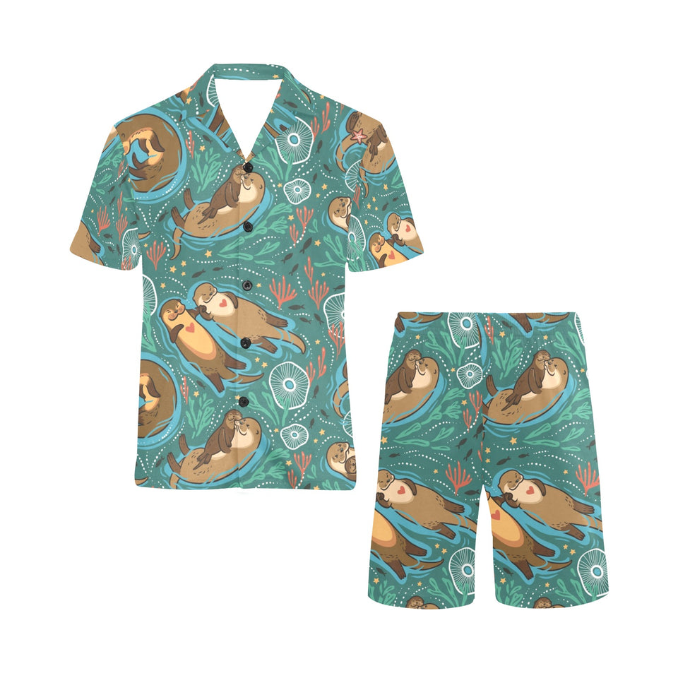 cute brown sea otters ornamental seaweed corals gr Men's V-Neck Short Pajama Set