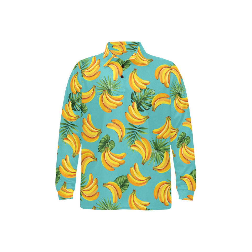 Banana Palm Leaves pattern background Men's Long Sleeve Polo Shirt
