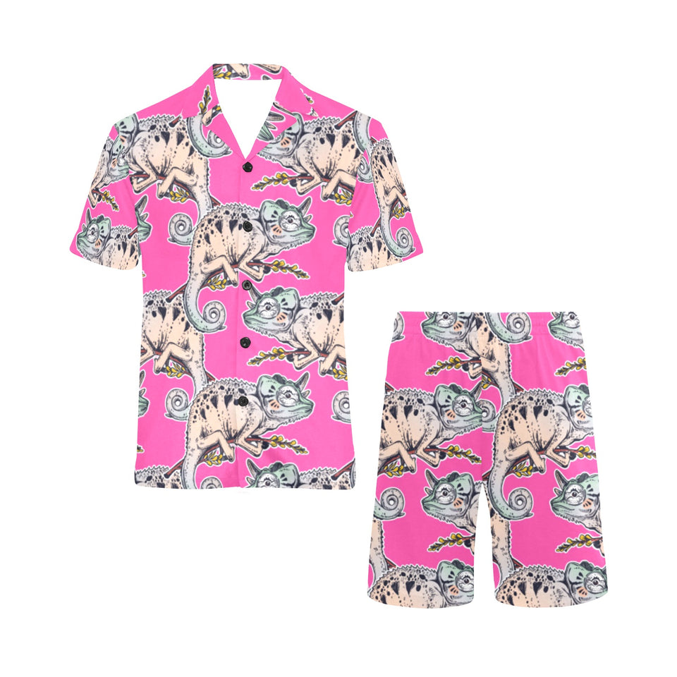 Chameleon lizard pattern pink background Men's V-Neck Short Pajama Set