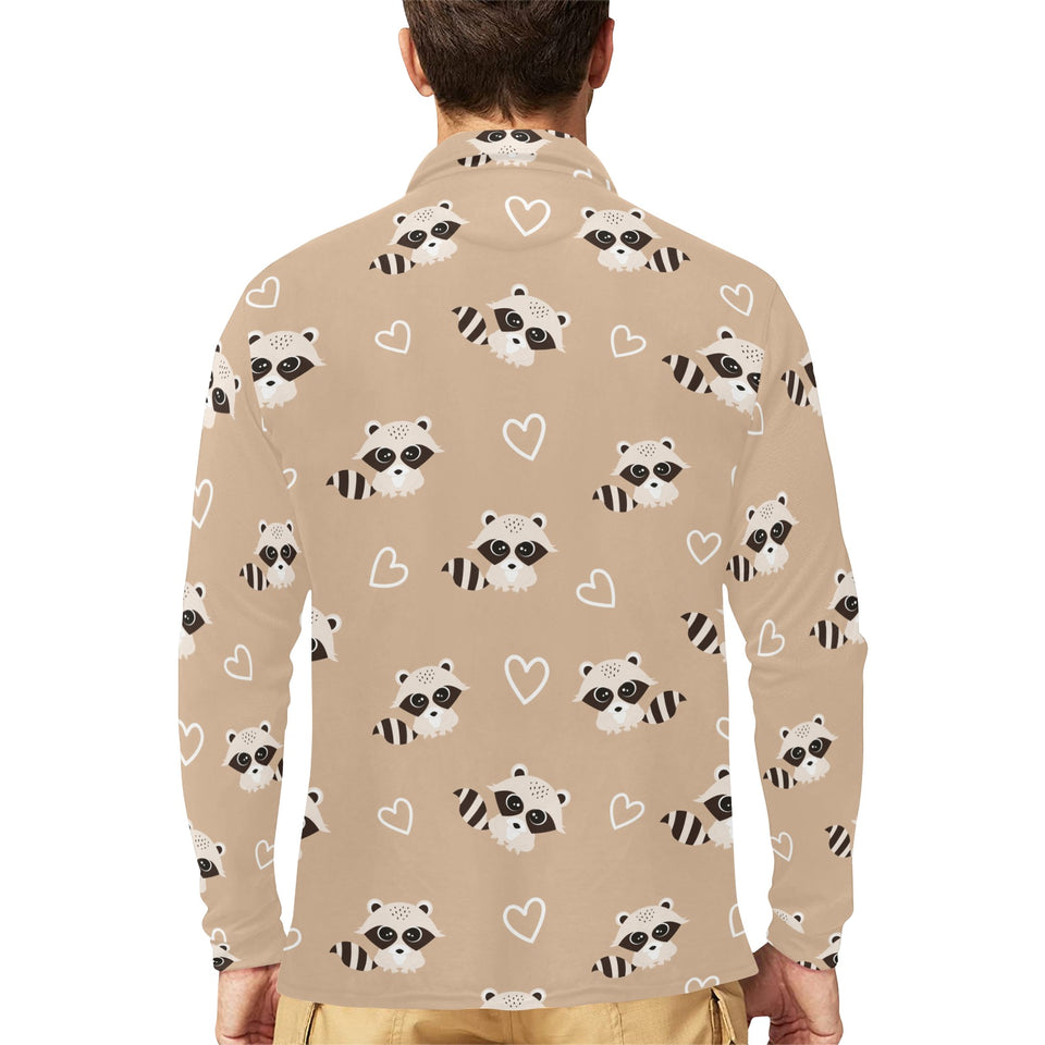 Cute raccoon heart pattern Men's Long Sleeve Polo Shirt