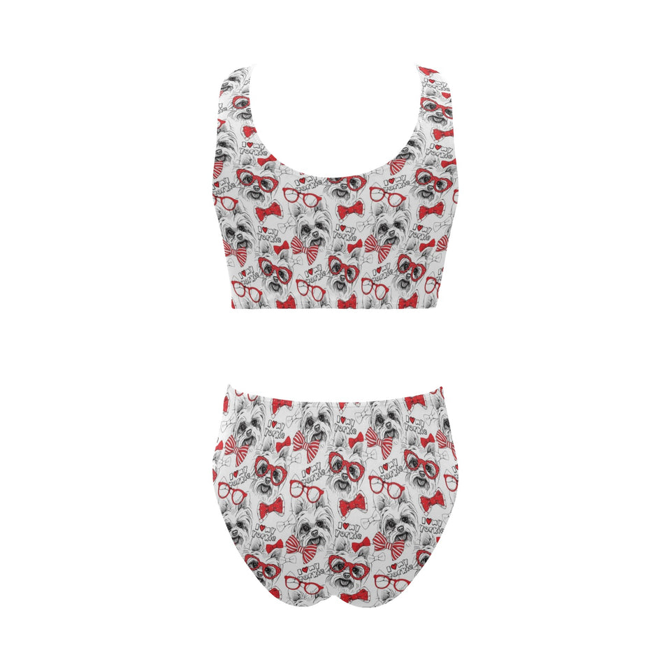 Yorkshire Terrier Pattern Print Design 04 Chest Bowknot High Waisted Bikini Swimsuit