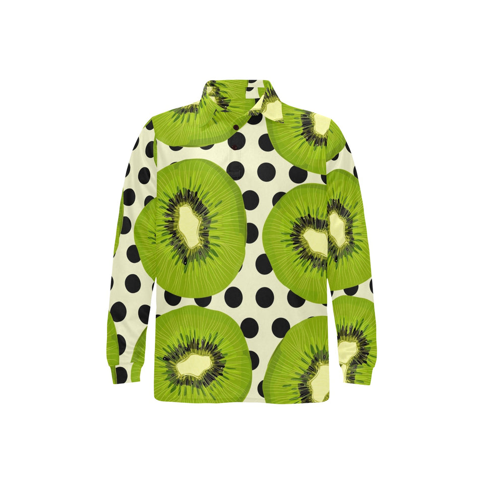 kiwi black dot background Men's Long Sleeve Polo Shirt
