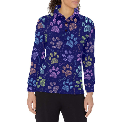 Dog Paws Pattern Print Design 02 Women's Long Sleeve Polo Shirt