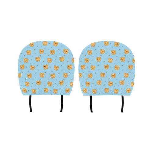 Brown cute pomeranian blue blackground Car Headrest Cover