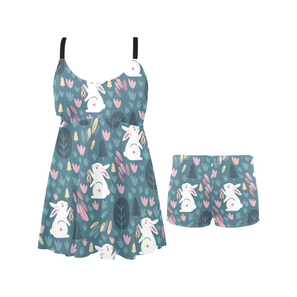 Cute rabbit pattern Chest Sexy Pleated Two Piece Swim Dress