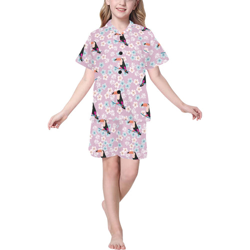 Beautiful toucan flower leaves Kids' Boys' Girls' V-Neck Short Pajama Set