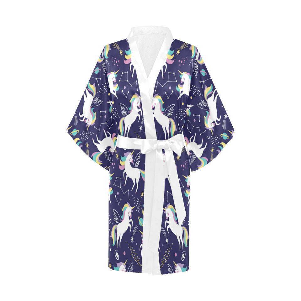 Hand drawn cute unicorn star planet Women's Short Kimono Robe