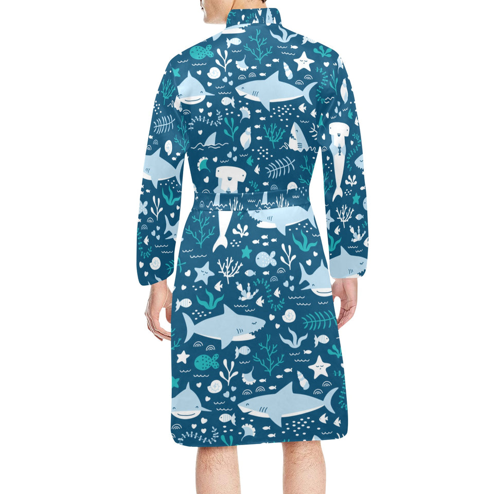 Cute shark pattern Men's Long Sleeve Belted Night Robe