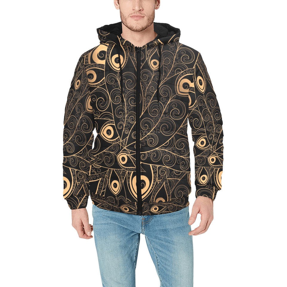 Gold peacock feather pattern Men's Padded Hooded Jacket