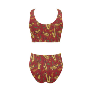 Saxophone cornet pattern red background Chest Bowknot High Waisted Bikini Swimsuit