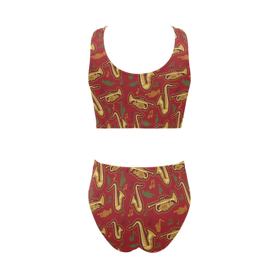 Saxophone cornet pattern red background Chest Bowknot High Waisted Bikini Swimsuit
