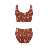 Saxophone cornet pattern red background Chest Bowknot High Waisted Bikini Swimsuit