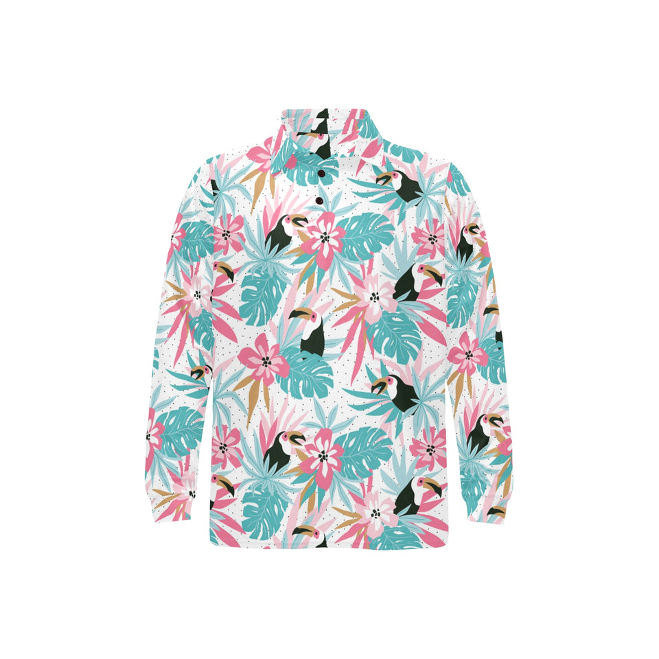 Toucan tropical flower leave pattern Men's Long Sleeve Polo Shirt