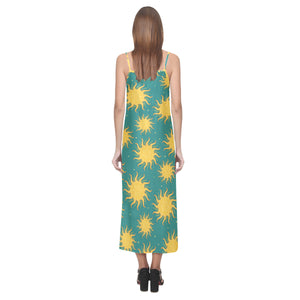 Sun green background V-Neck Open Fork Long Dress