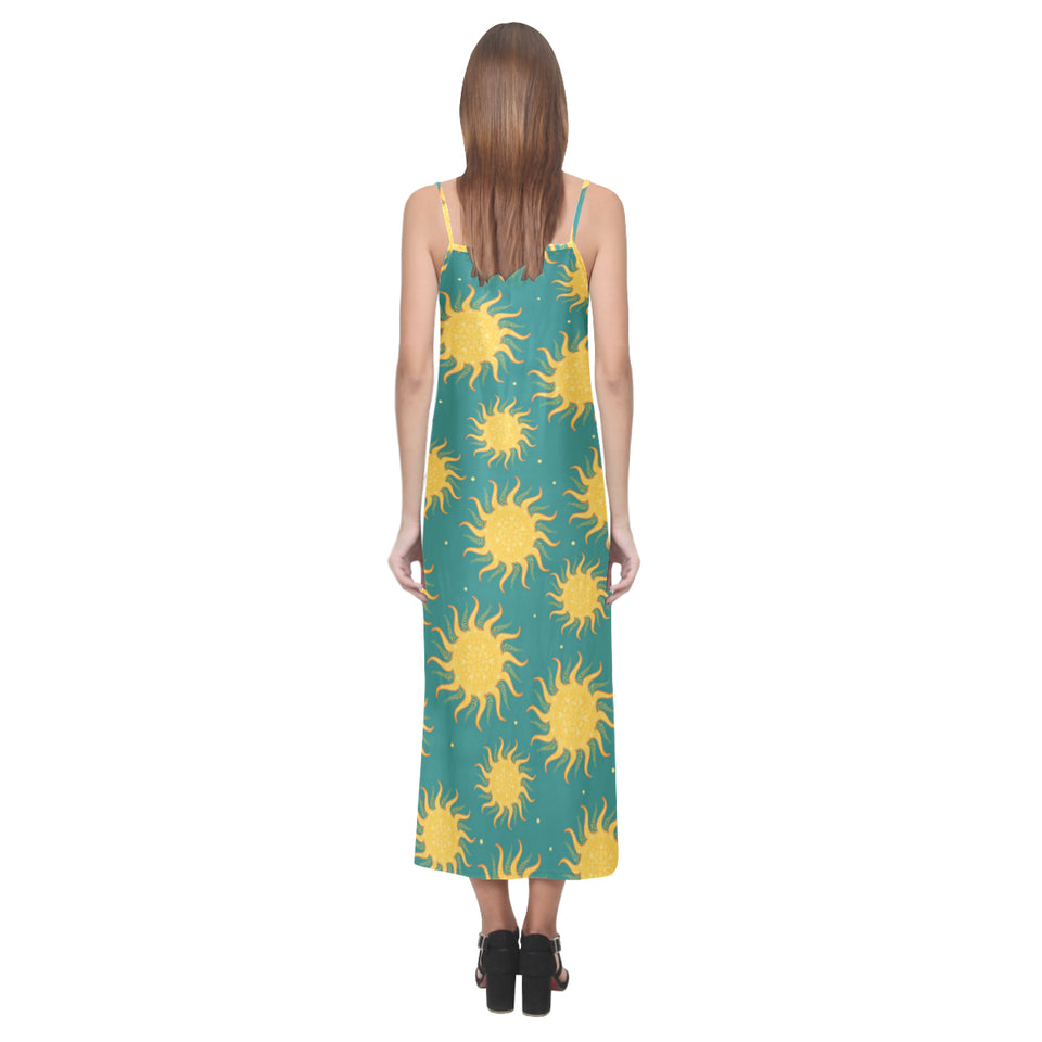 Sun green background V-Neck Open Fork Long Dress
