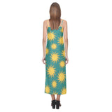Sun green background V-Neck Open Fork Long Dress