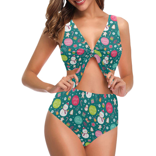 Snowman bird decorative elements christmas pattern Chest Bowknot High Waisted Bikini Swimsuit