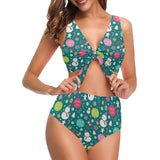 Snowman bird decorative elements christmas pattern Chest Bowknot High Waisted Bikini Swimsuit