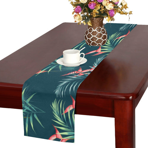 heliconia flowers, palm and monstera leaves on bla Table Runner