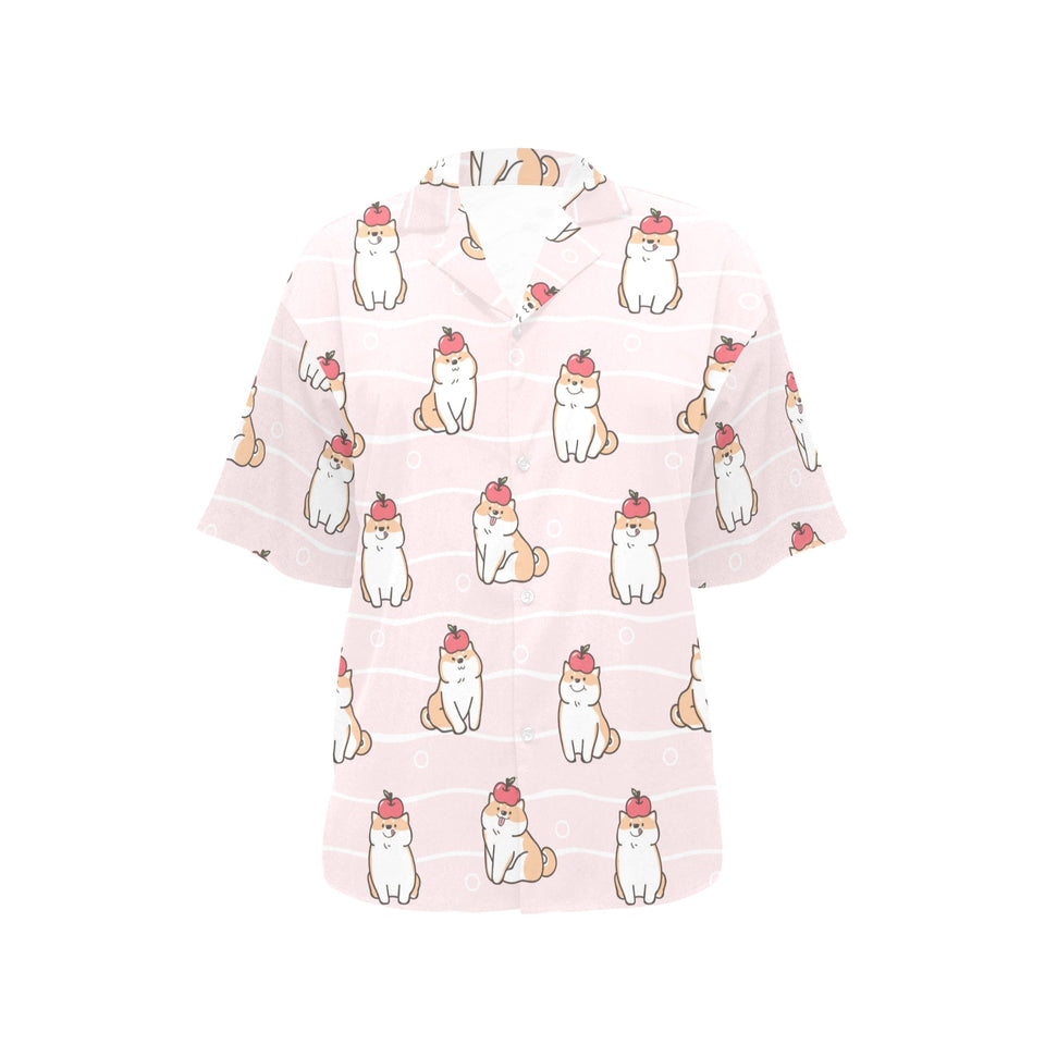 Cute Shiba Inu Dog Apple pattern Women's All Over Print Hawaiian Shirt