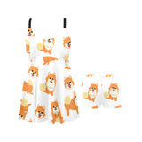 Brown pomeranian pattern Chest Sexy Pleated Two Piece Swim Dress