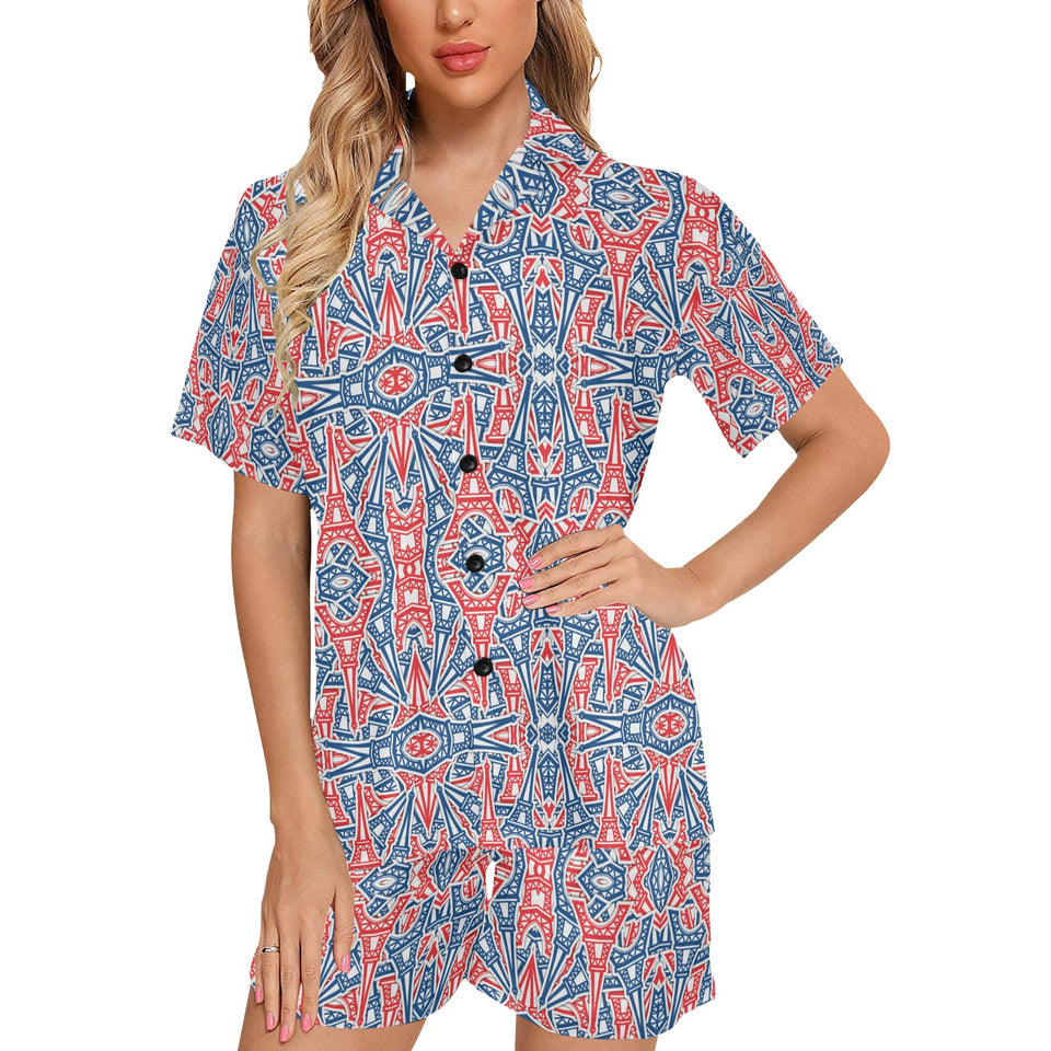 Blue Red Eiffel Tower Pattern Print Design 02 Women's V-Neck Short Pajama Set