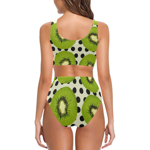 kiwi black dot background Chest Bowknot High Waisted Bikini Swimsuit
