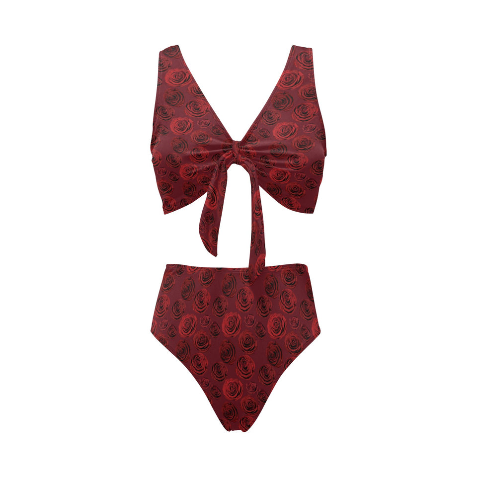 Rose Pattern Print Design 03 Chest Bowknot High Waisted Bikini Swimsuit