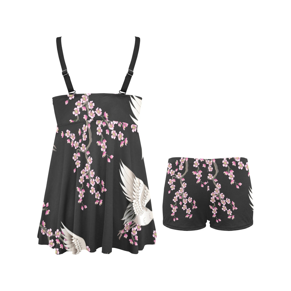 Japanese crane pink sakura pattern Chest Sexy Pleated Two Piece Swim Dress