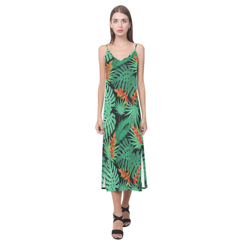 heliconia flower palm monstera leaves black backgr V-Neck Open Fork Long Dress