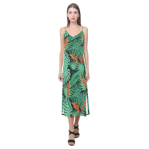 heliconia flower palm monstera leaves black backgr V-Neck Open Fork Long Dress