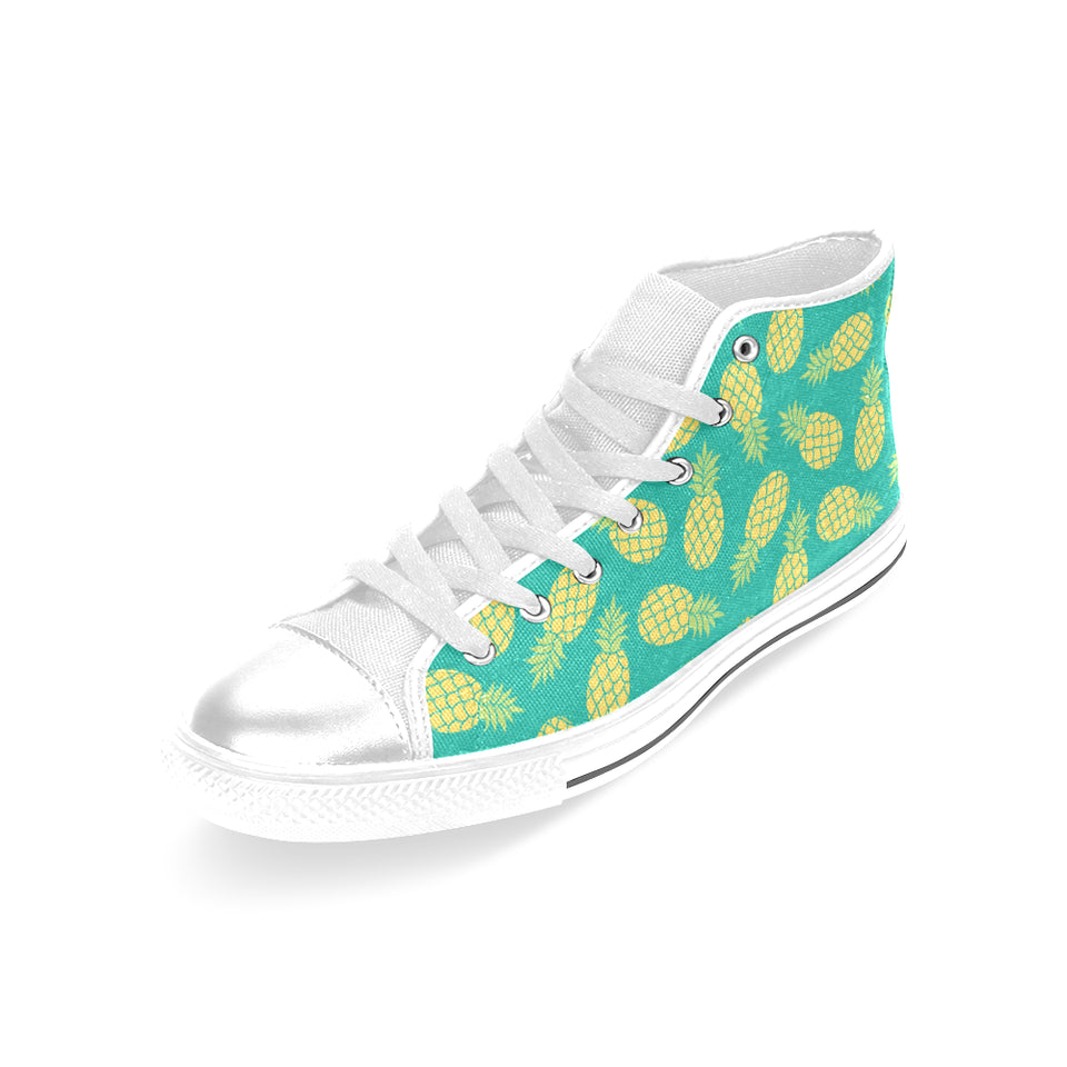 Pineapples pattern green background Women's High Top Canvas Shoes White