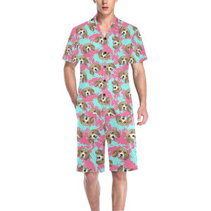 Beagle muzzles turquoise paint splashes pink patte Men's V-Neck Short Pajama Set