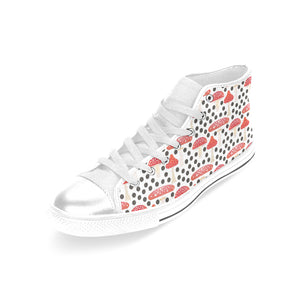 Red mushroom dot pattern Women's High Top Canvas Shoes White
