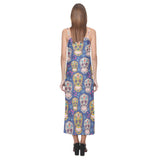 Sugar skull flower pattern V-Neck Open Fork Long Dress