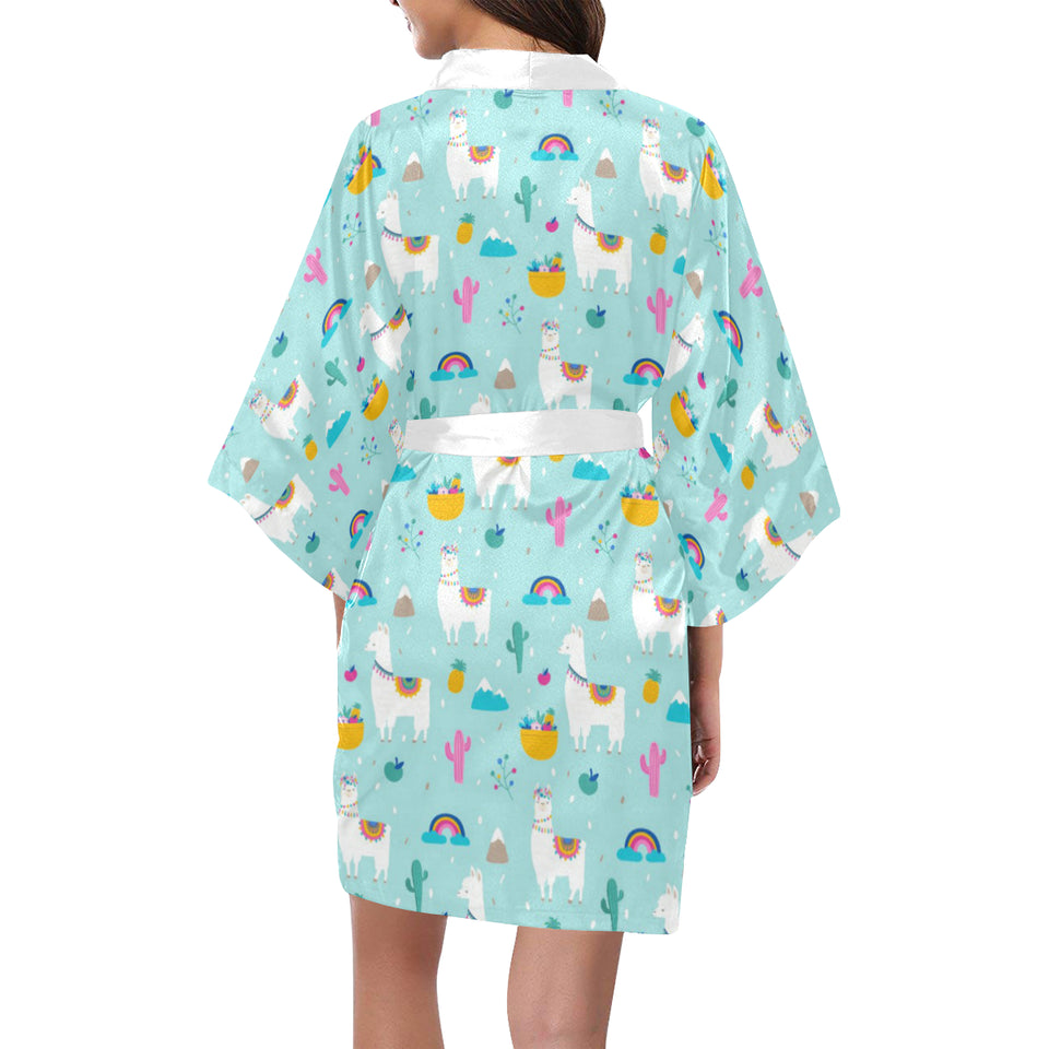 Llama alpaca cactus leaves pattern Women's Short Kimono Robe