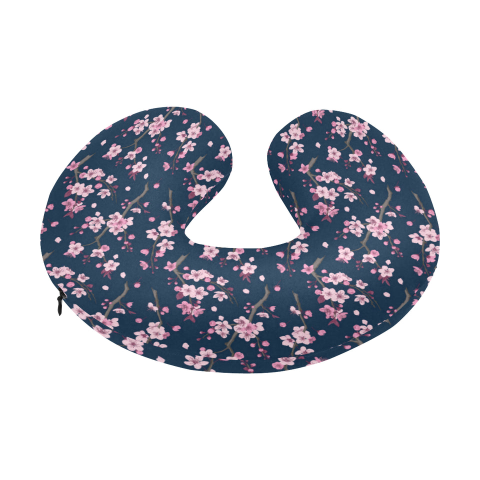 Pink sakura cherry blossom blue background U-Shaped Travel Neck Pillow