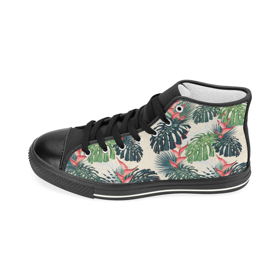 heliconia flowers, palm and monstera leaves Women's High Top Canvas Shoes Black
