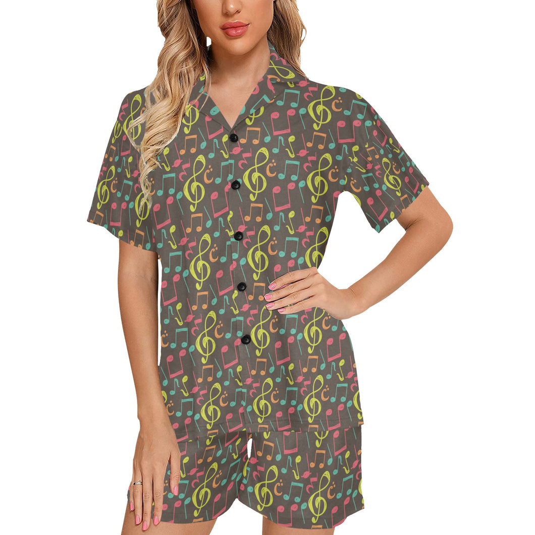 Music Notes Pattern Print Design 05 Women's V-Neck Short Pajama Set