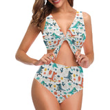 Cute Crocodile Pattern Chest Bowknot High Waisted Bikini Swimsuit