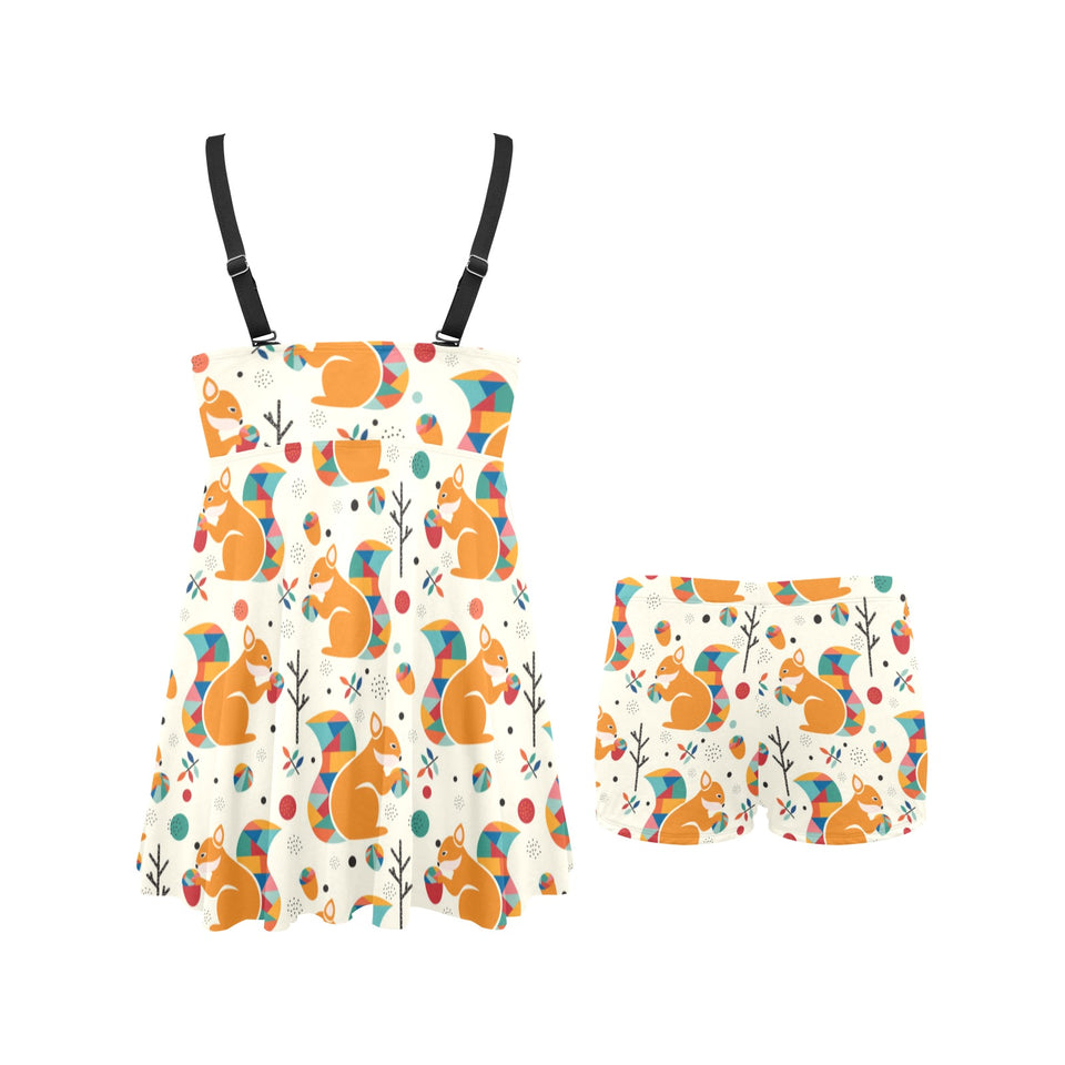 Squirrel Pattern Print Design 04 Chest Sexy Pleated Two Piece Swim Dress
