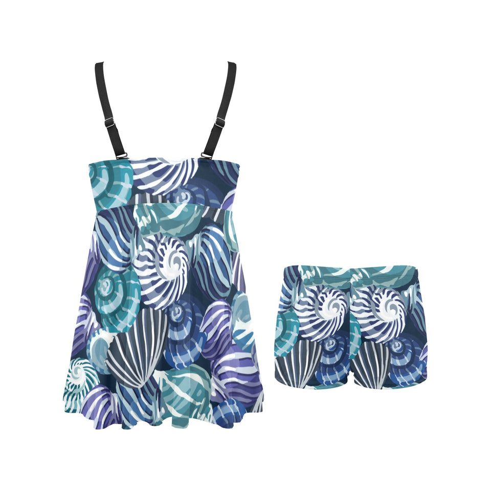Shell design pattern Chest Sexy Pleated Two Piece Swim Dress