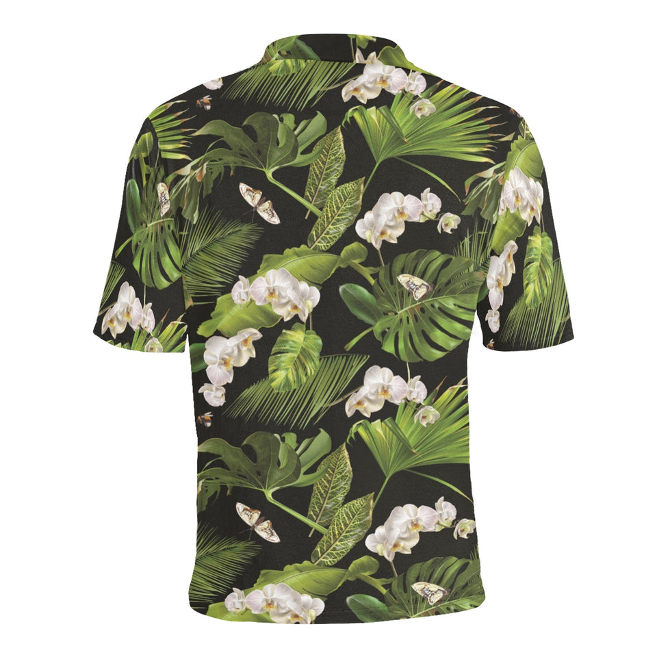 White orchid flower tropical leaves pattern blackg Men's All Over Print Polo Shirt