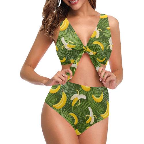 Banana Palm Leaves pattern Chest Bowknot High Waisted Bikini Swimsuit