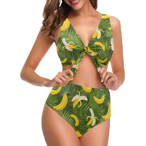 Banana Palm Leaves pattern Chest Bowknot High Waisted Bikini Swimsuit