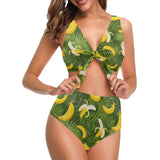 Banana Palm Leaves pattern Chest Bowknot High Waisted Bikini Swimsuit