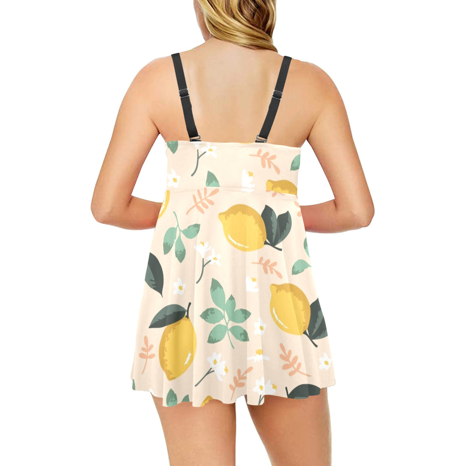 lemon flower leave pattern Chest Sexy Pleated Two Piece Swim Dress