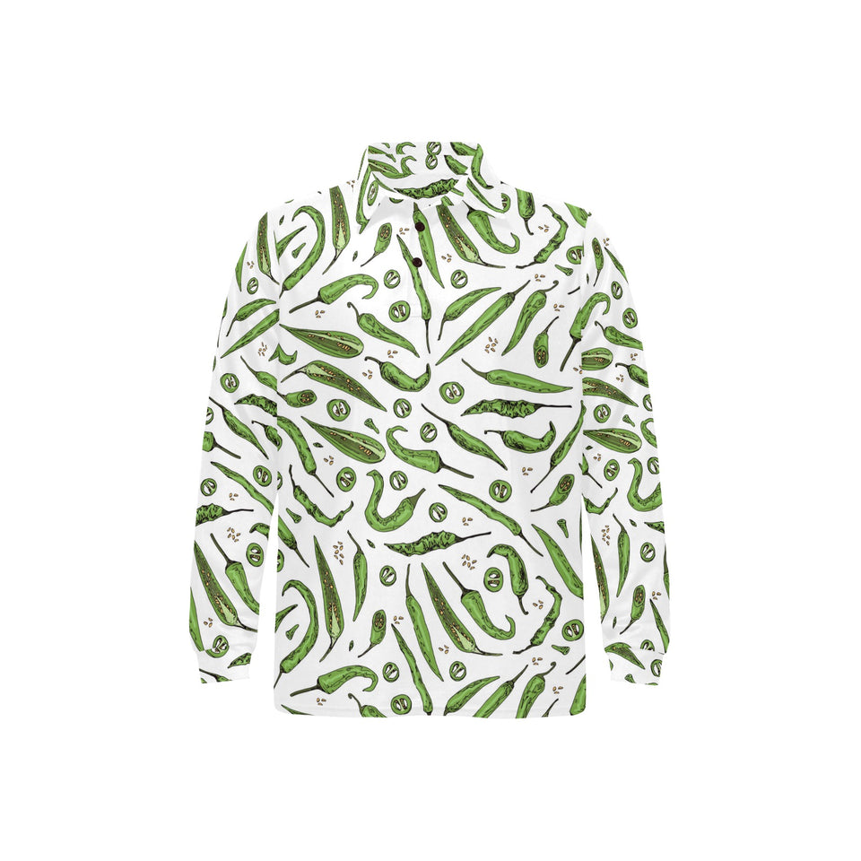 Hand drawn sketch style green Chili peppers patter Men's Long Sleeve Polo Shirt